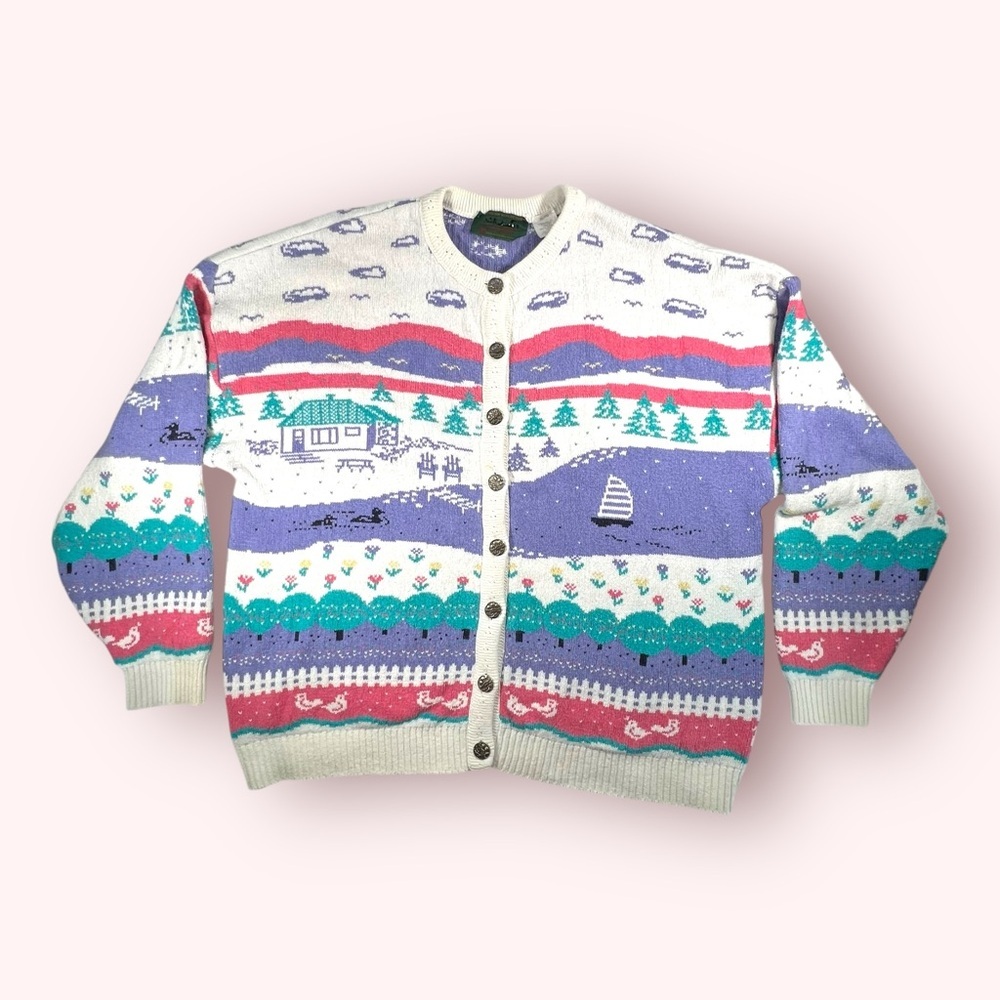 Vintage 90s Northern Reflections Pink Purple Duck Lake Nature Scene Cardigan XL - Picture 2 of 12